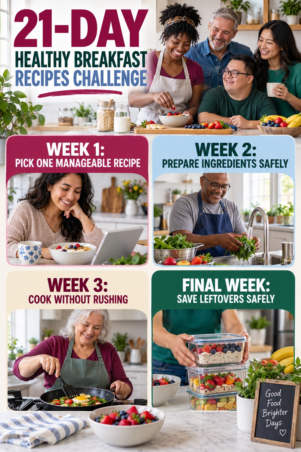 21-day Healthy Breakfast Recipes challenge graphic showing four manageable milestones for consistent practice.