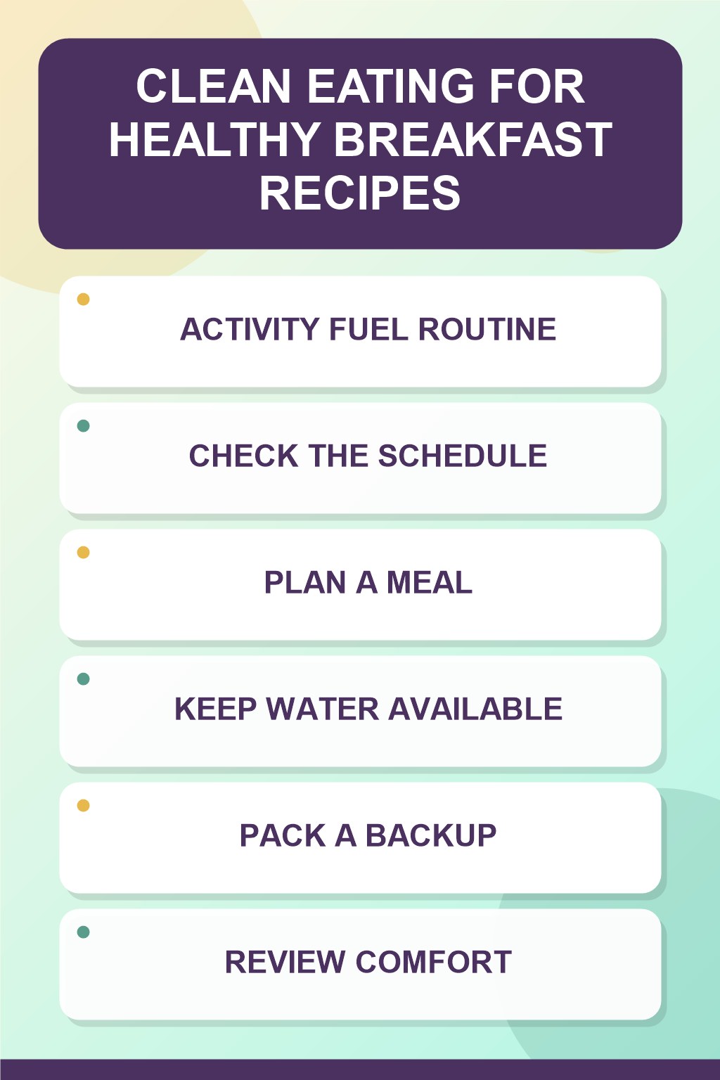Activity Fuel Routine clean eating infographic for Healthy Breakfast Recipes, showing five practical planning and preparation stages.