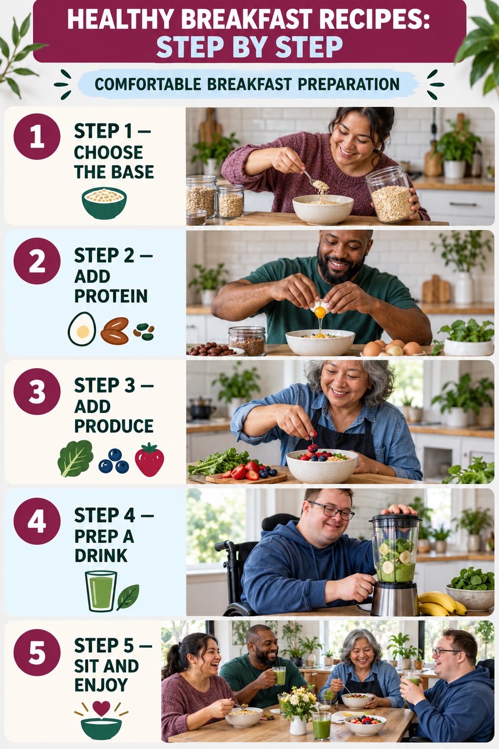 Healthy Breakfast Recipes step-by-step graphic showing five numbered stages for comfortable breakfast preparation.