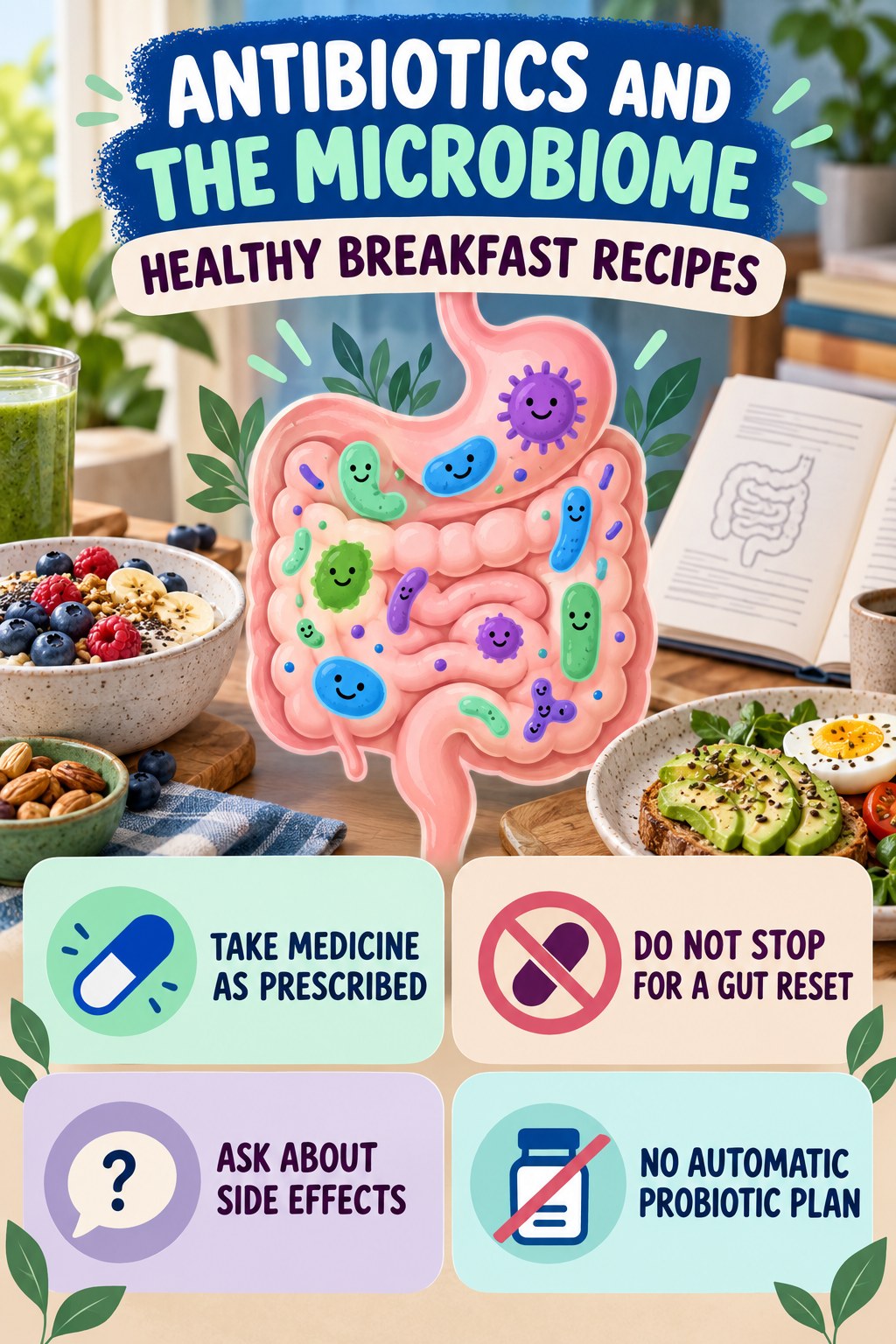 Antibiotics and Microbiome Questions educational infographic for Healthy Breakfast Recipes with four evidence-aware points.