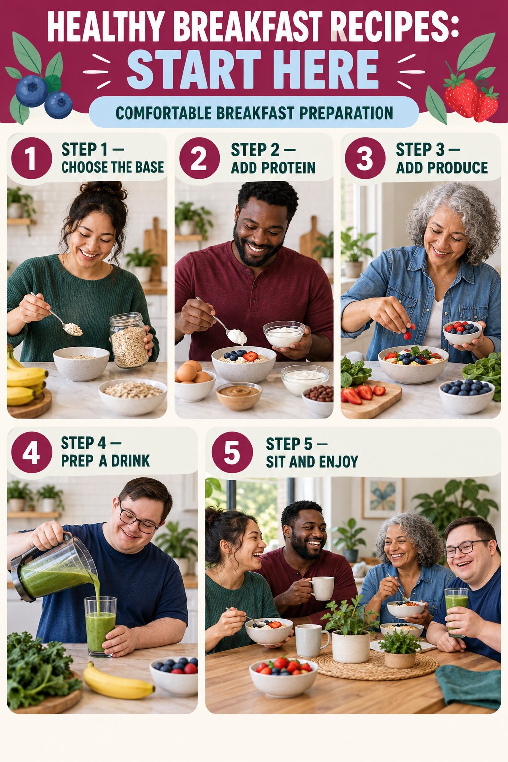 Healthy Breakfast Recipes beginner guide graphic showing five manageable stages for comfortable breakfast preparation.
