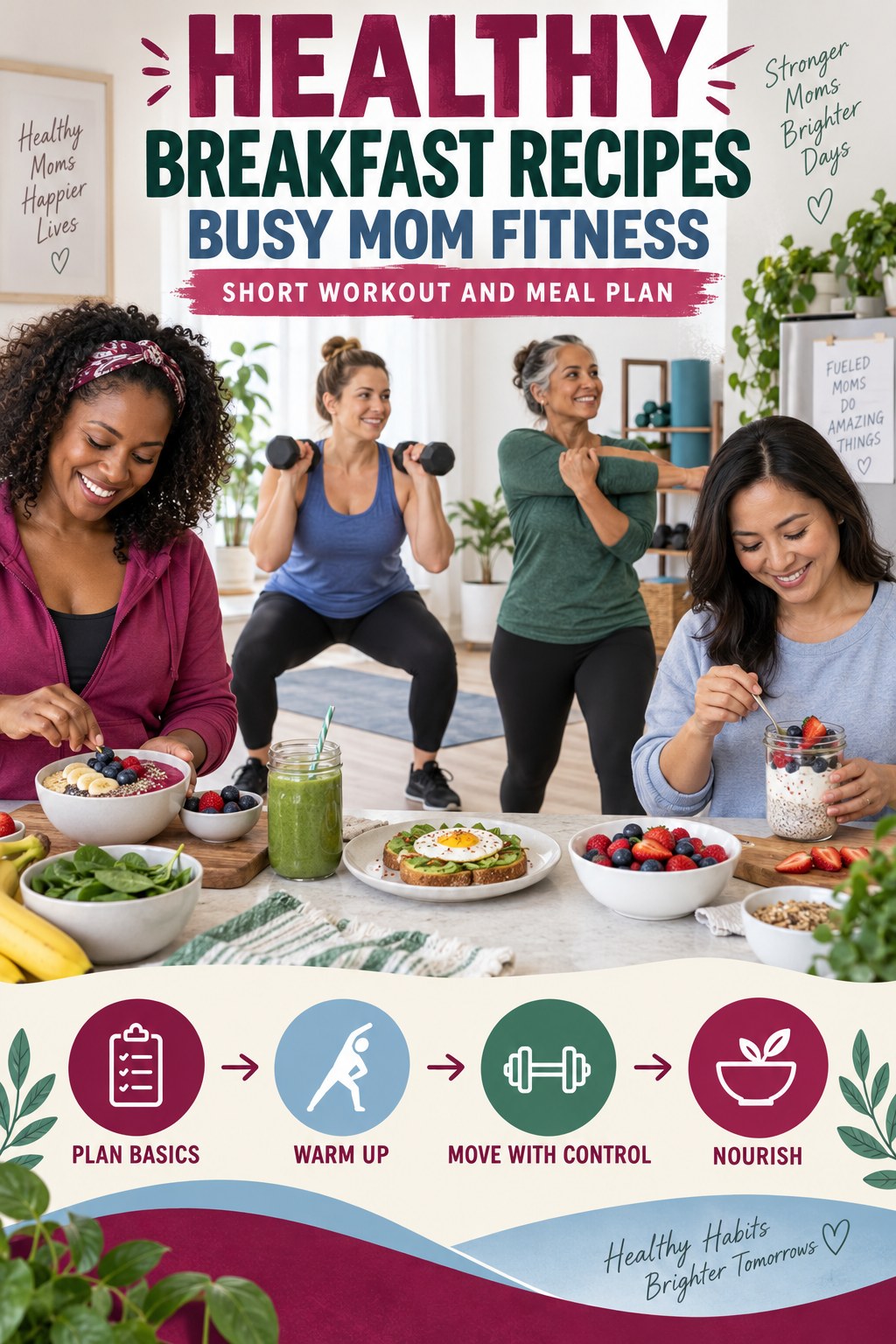 Healthy Breakfast Recipes busy-mom fitness graphic titled Short Workout and Meal Plan with four practical movement prompts.