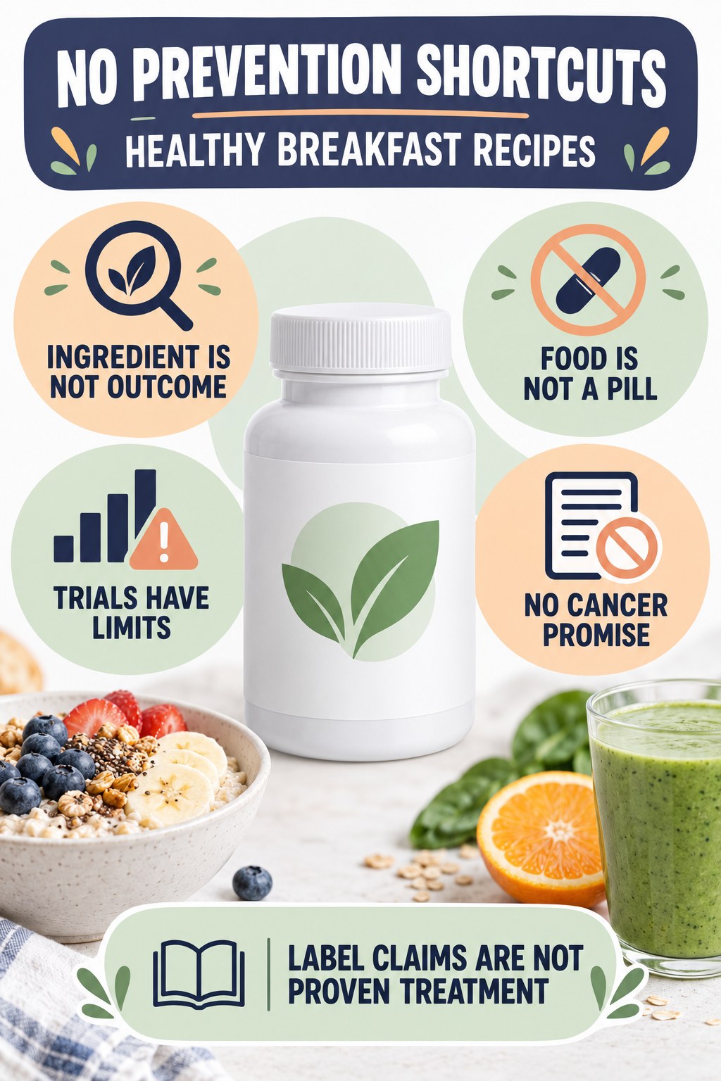 Cancer-Prevention Claims Need Strong Evidence prostate supplement label-literacy infographic for Healthy Breakfast Recipes with four careful reading points.