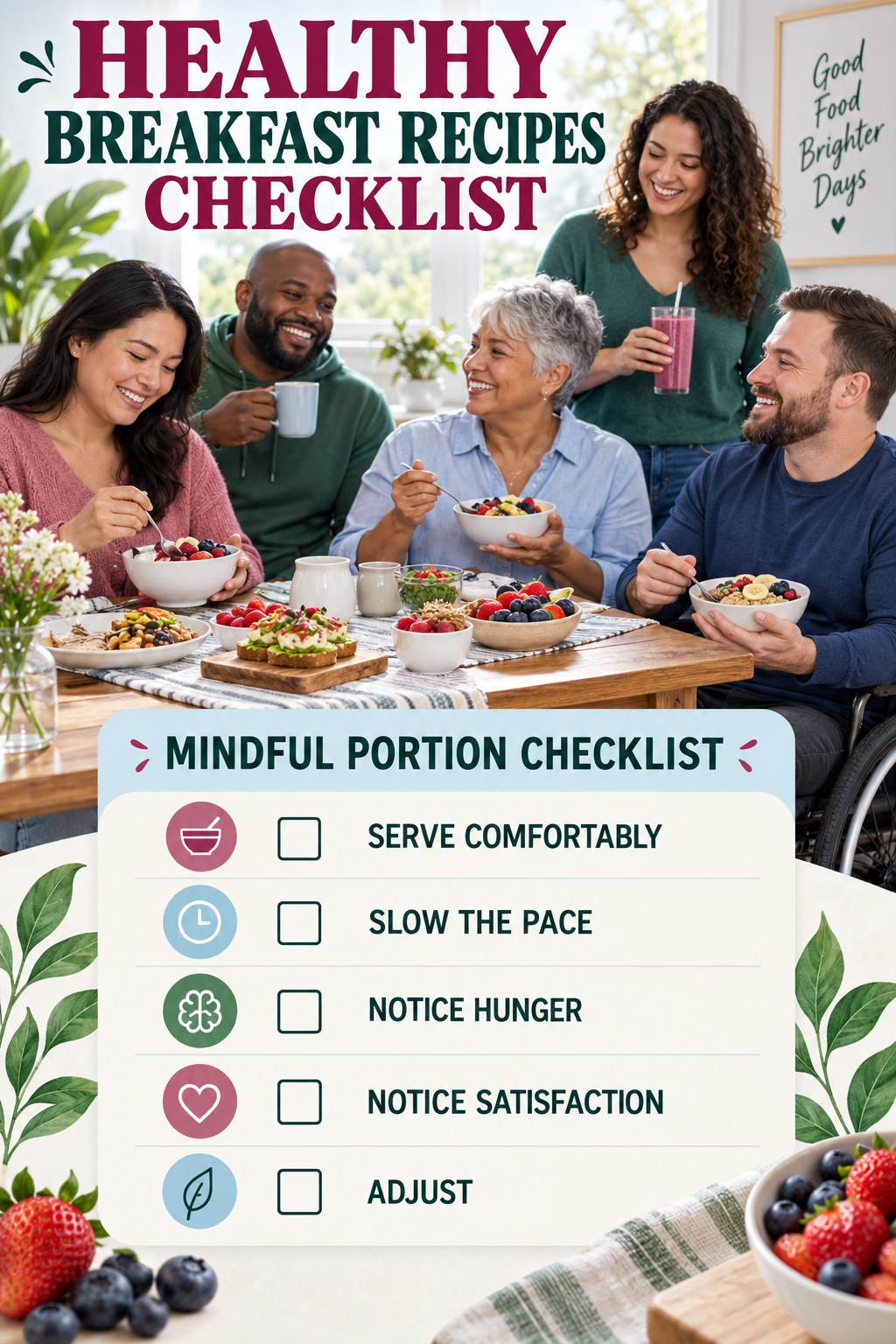 Healthy Breakfast Recipes checklist graphic titled Mindful Portion Checklist with five clear practical wellness items.