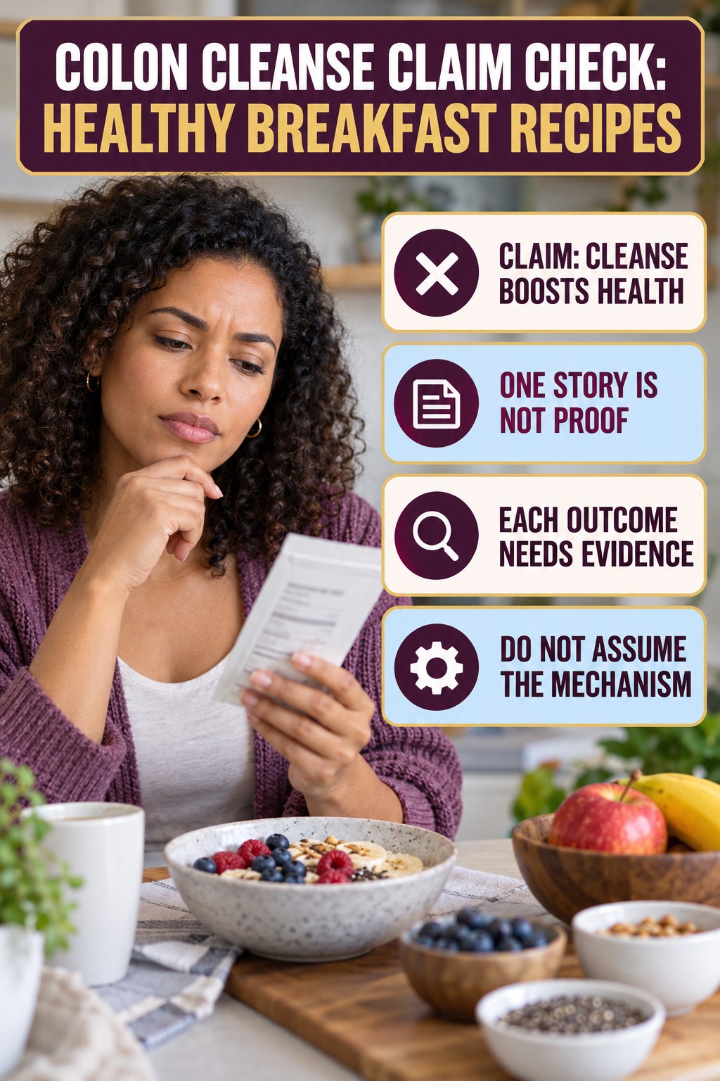 Skin, Energy, and Immunity Claims infographic for Healthy Breakfast Recipes, separating a colon-cleanse marketing claim from evidence, reasonable conclusions, and safety context.