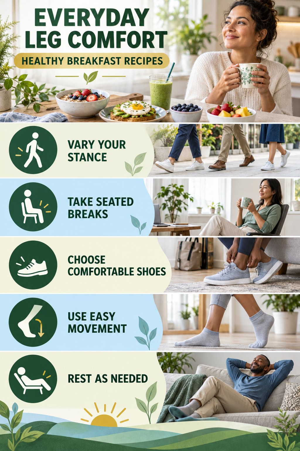 Comfort After a Day on Your Feet infographic for Healthy Breakfast Recipes with five gentle movement, position, footwear, recovery, or safety actions.