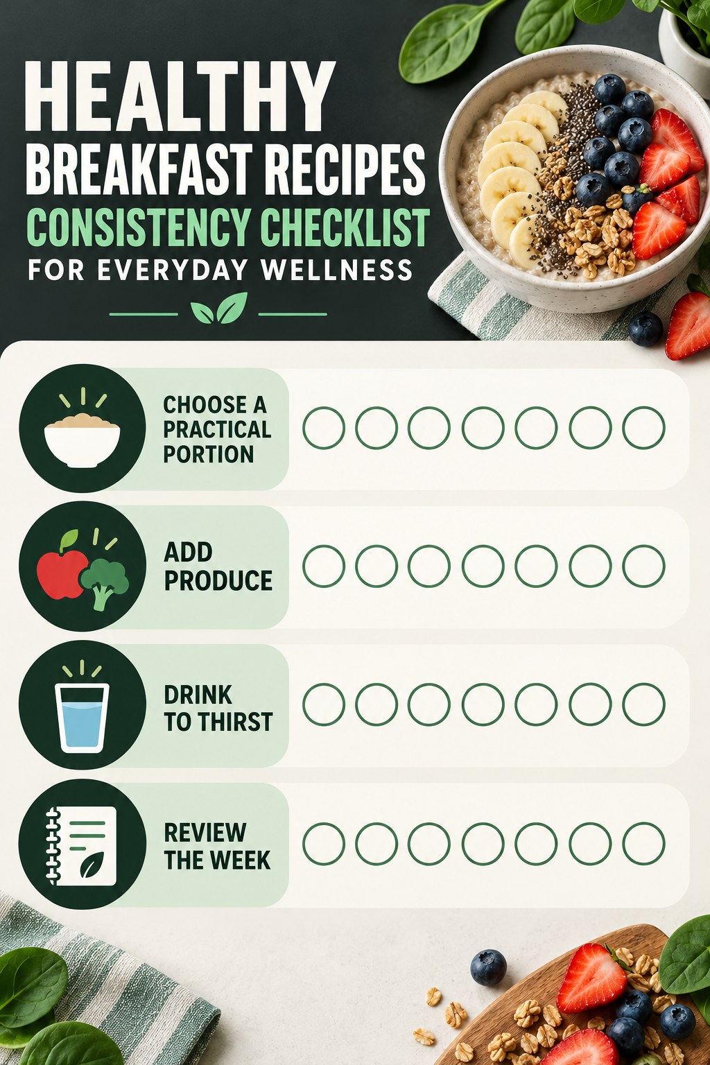 Healthy Breakfast Recipes Consistency Checklist for Everyday Wellness infographic with checkboxes for choose a practical portion, add produce, drink to thirst, review the week.