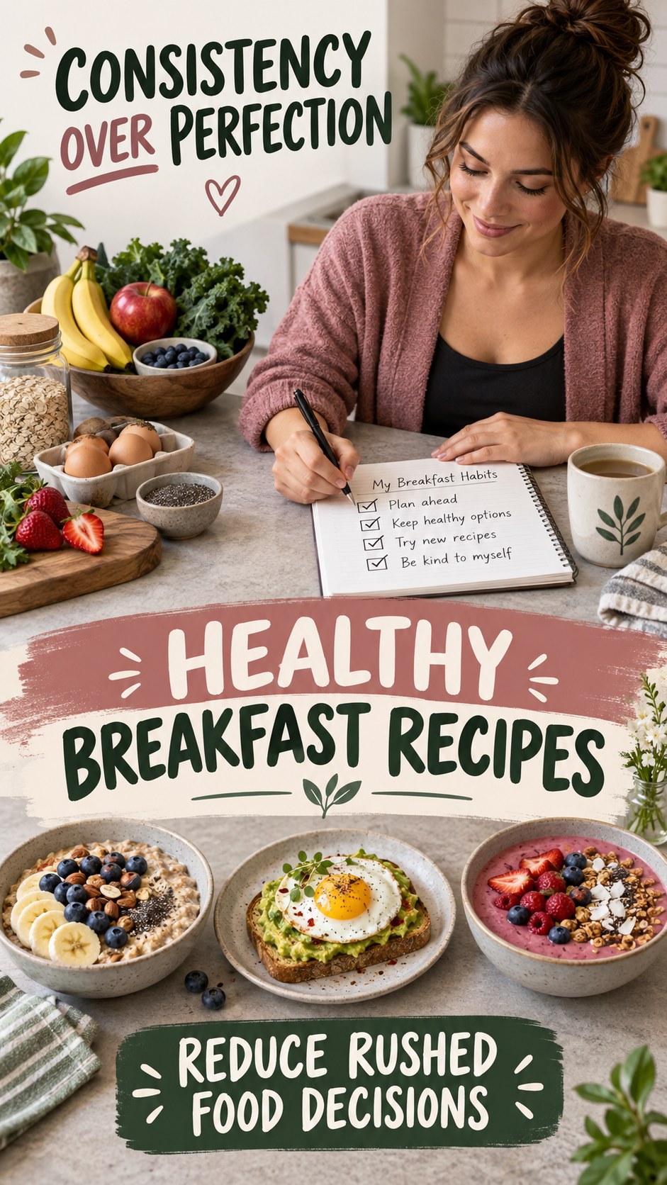 Mindful Meal Decisions infographic for Healthy Breakfast Recipes, showing practical metabolism-support habits for an active lifestyle.