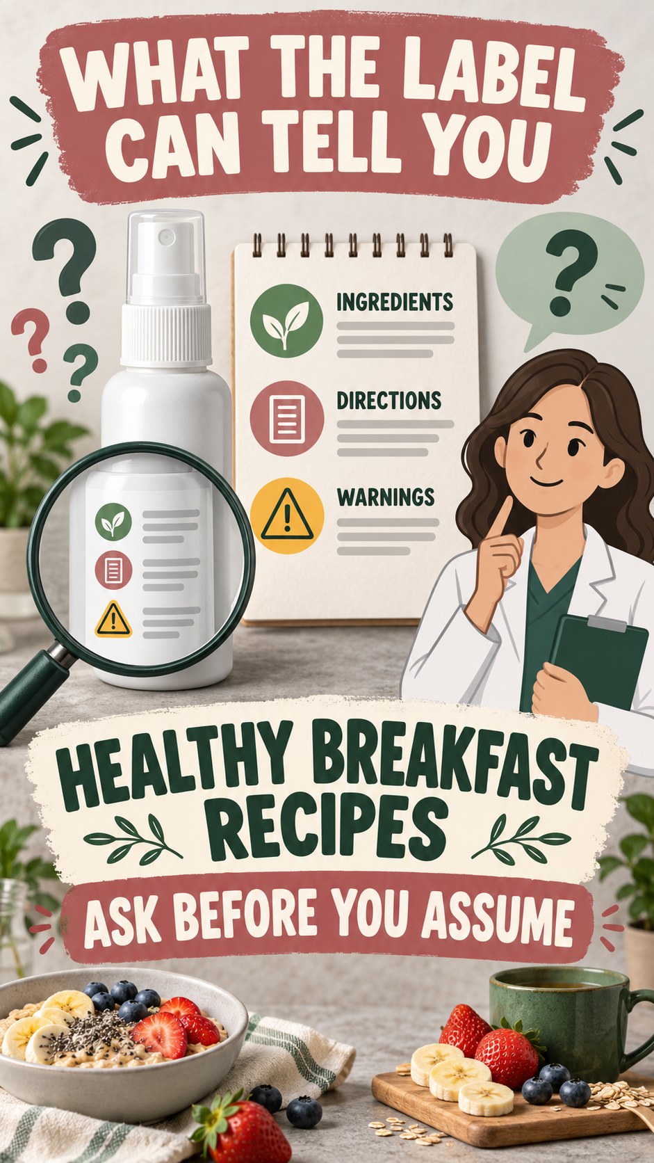Consumer Questions Checklist infographic for Healthy Breakfast Recipes, showing a generic spray-label checklist that separates available facts, missing details, and evidence questions.