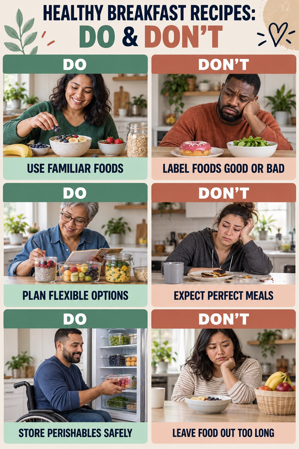 Healthy Breakfast Recipes Do and Don’t comparison graphic showing three practical behavior pairs for everyday meal habits.