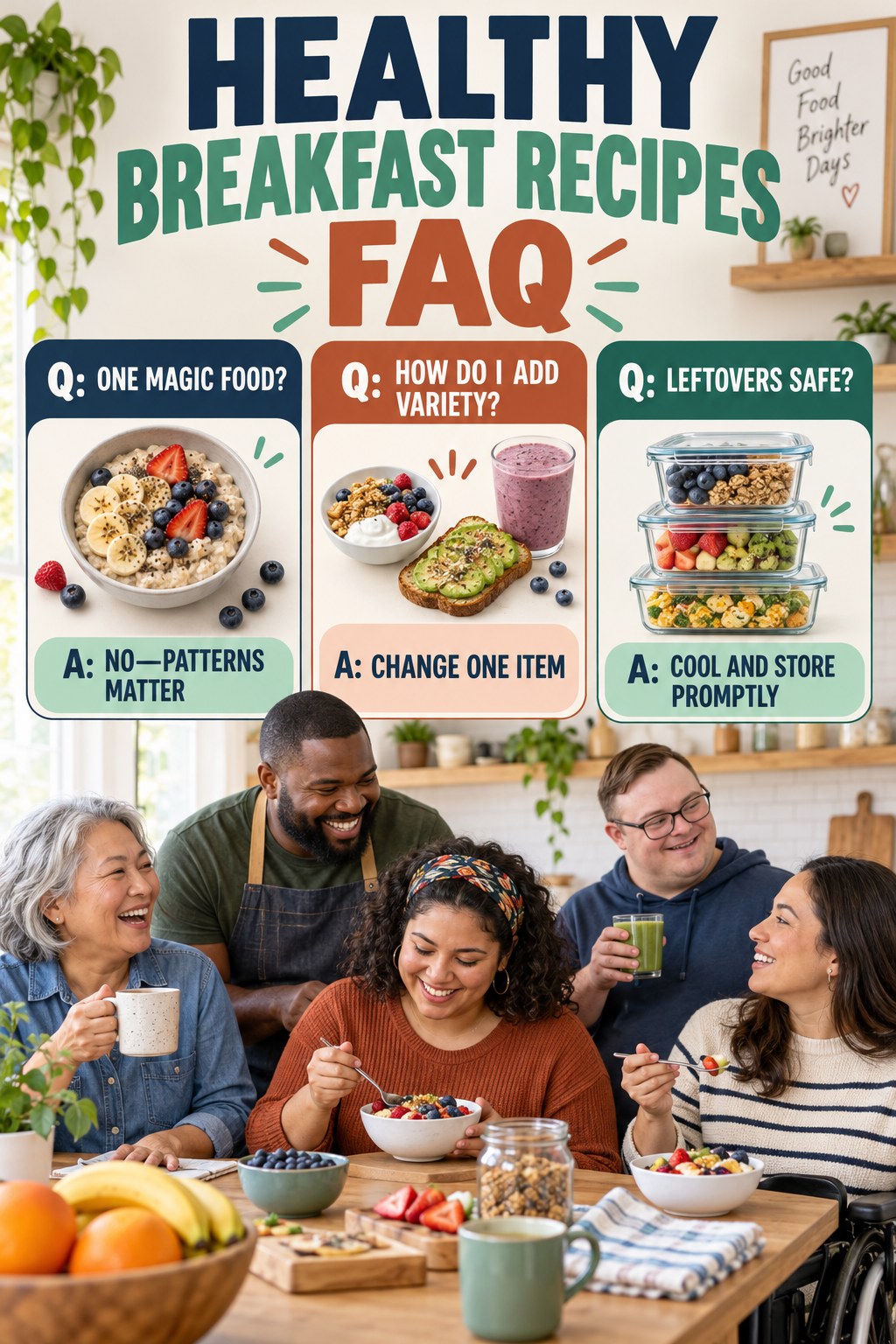 Healthy Breakfast Recipes FAQ graphic with three concise questions and practical answers for beginners.