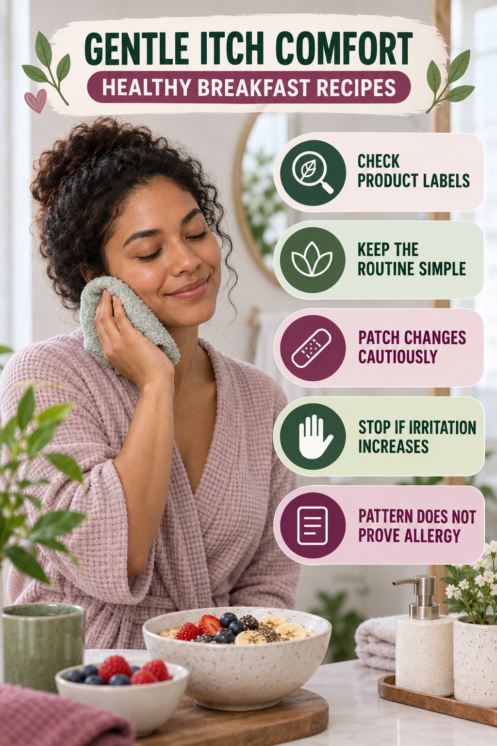 Fragrance-Free Awareness infographic for Healthy Breakfast Recipes with five gentle itchy-skin comfort strategies and a non-diagnostic safety focus.