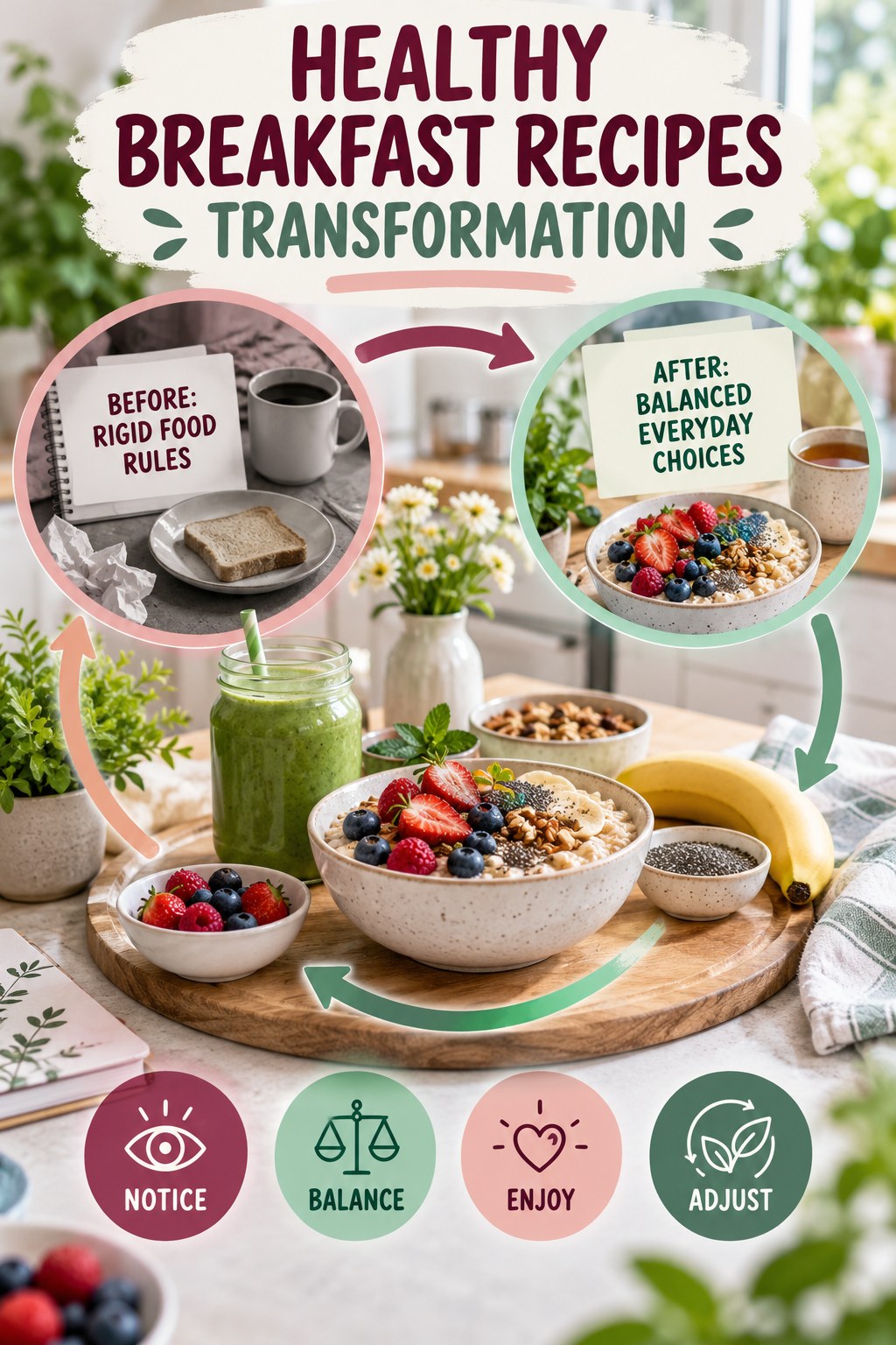 Healthy Breakfast Recipes habit transformation graphic comparing rigid food rules with balanced everyday choices using four practical steps.