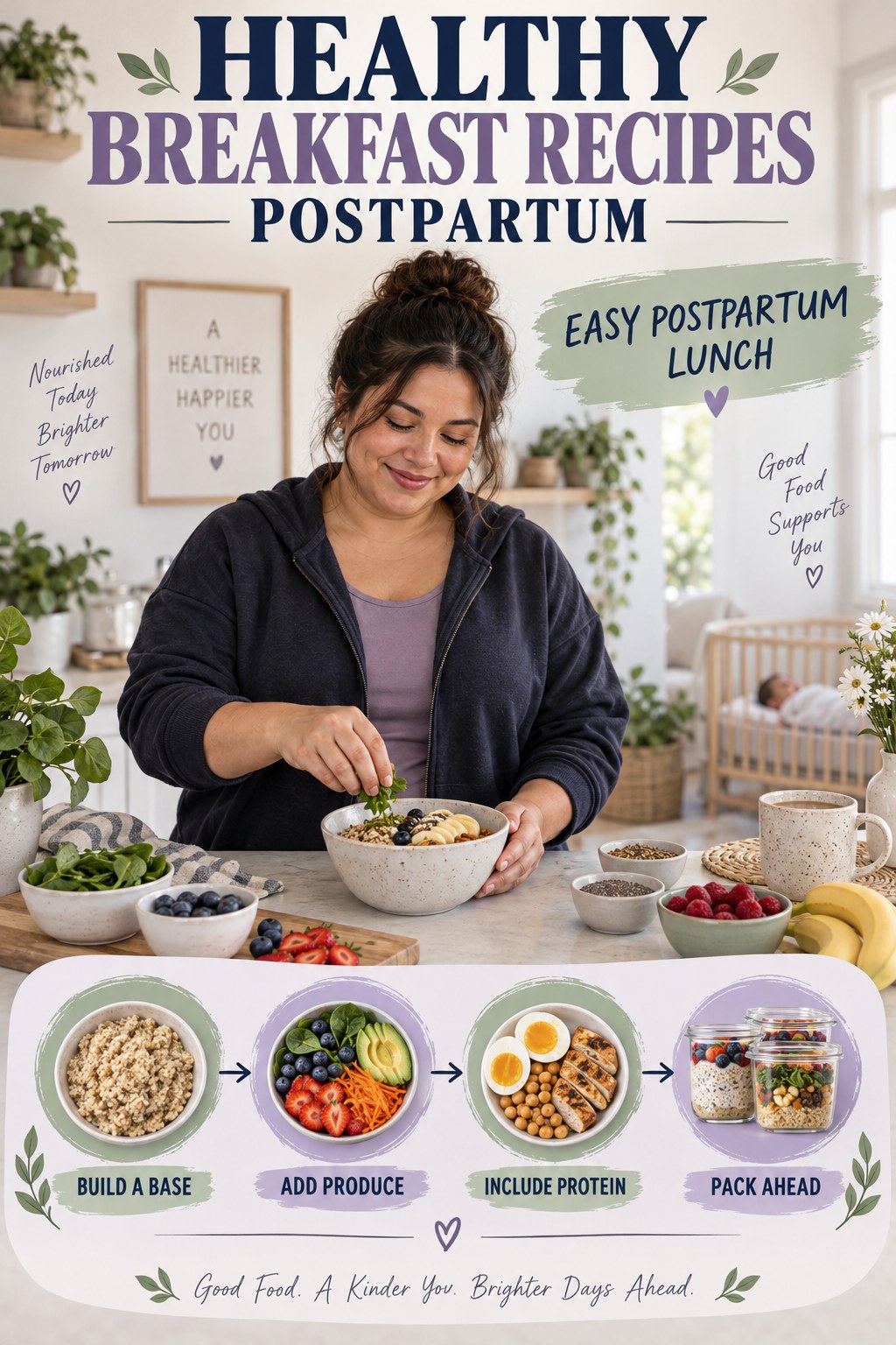Healthy Breakfast Recipes postpartum graphic titled Easy Postpartum Lunch with four gradual recovery-aware prompts.
