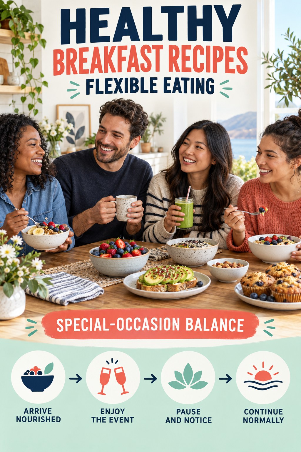 Healthy Breakfast Recipes flexible eating graphic titled Special-Occasion Balance with four practical balance prompts.
