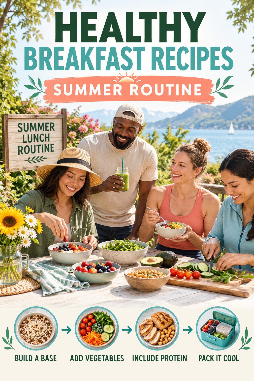 Healthy Breakfast Recipes summer routine graphic titled Summer Lunch Routine with four practical wellness prompts.