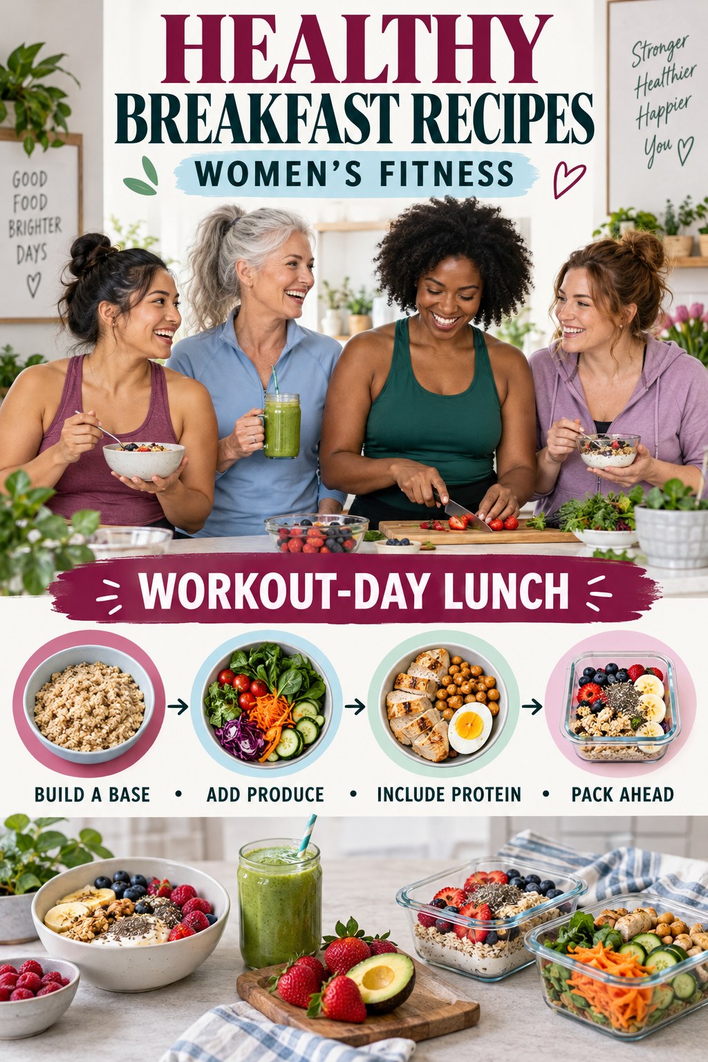 Healthy Breakfast Recipes women’s fitness graphic titled Workout-Day Lunch with four practical training prompts.
