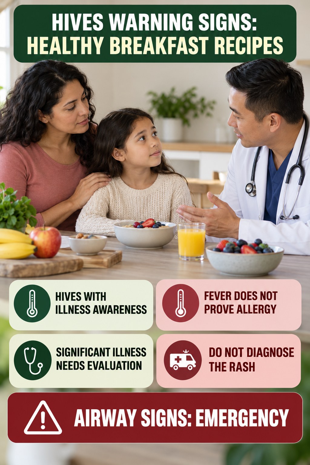 Hives with Illness Awareness infographic for Healthy Breakfast Recipes, highlighting urgent breathing, throat, swelling, fainting, and rapid-progression warning signs without diagnosing hives.