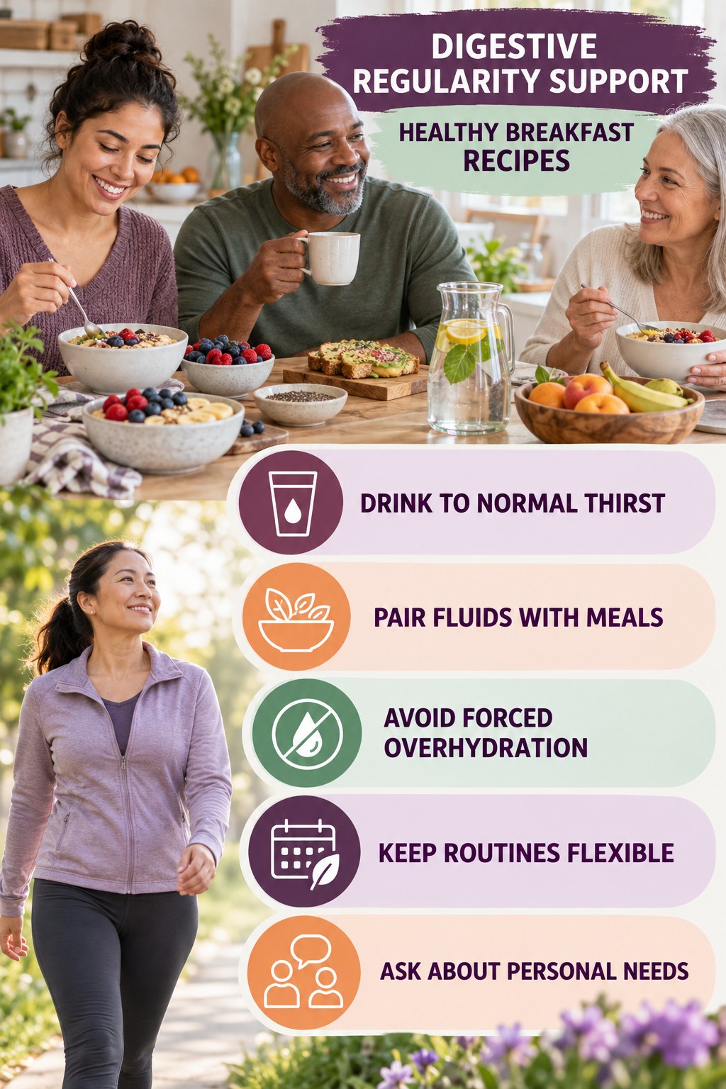 Hydration and Routine Support infographic for Healthy Breakfast Recipes with five practical food, hydration, movement, or routine actions and no cleanse claims.