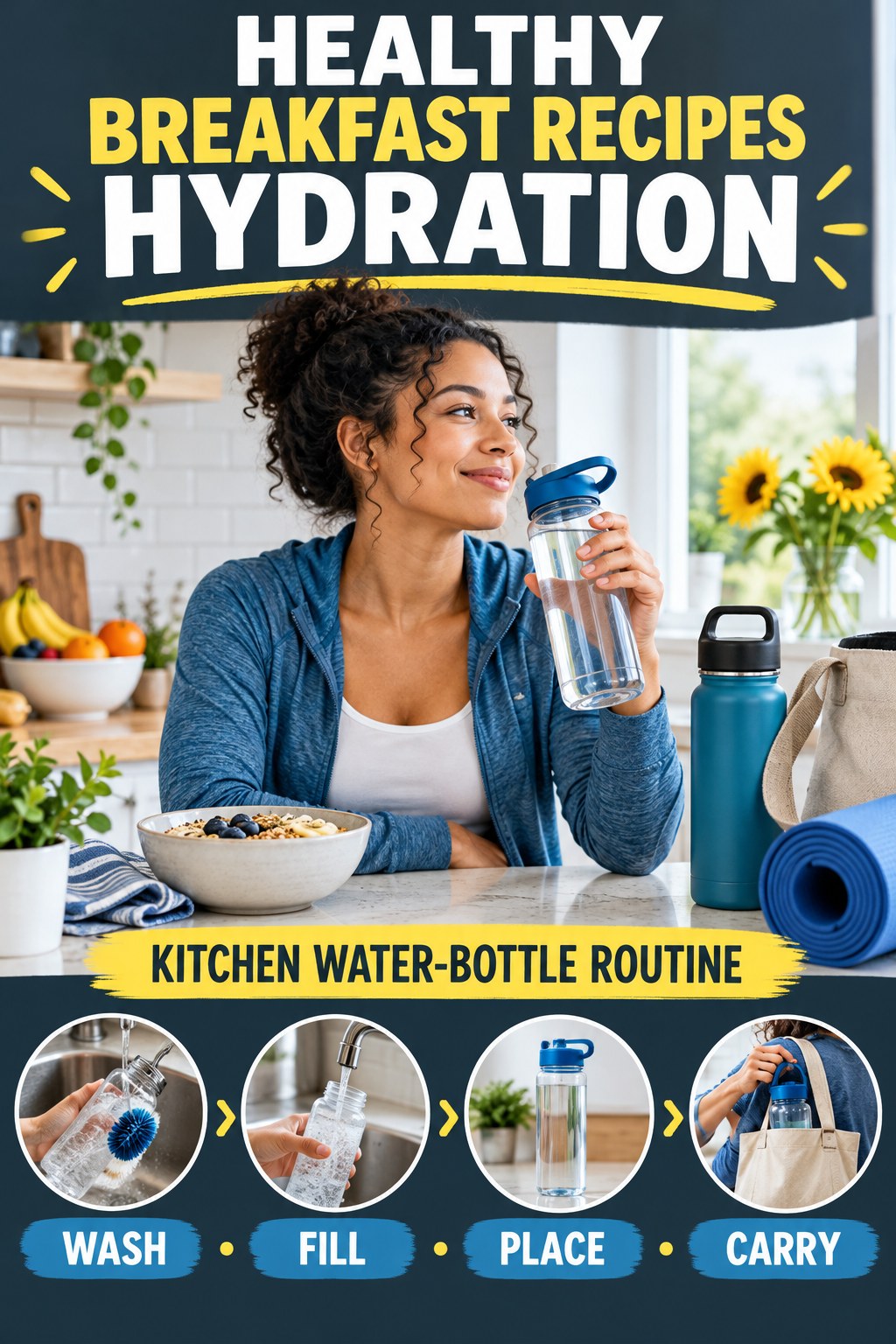 Healthy Breakfast Recipes hydration graphic titled Kitchen Water-Bottle Routine with four flexible water-habit prompts and no fixed intake target.