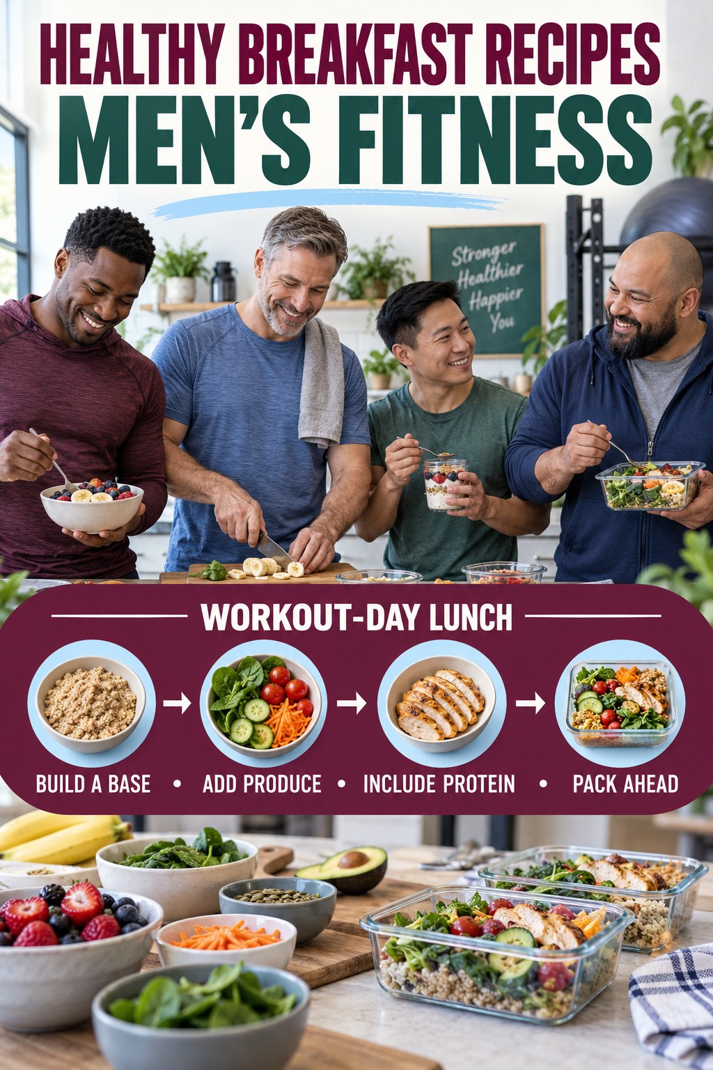 Healthy Breakfast Recipes men’s fitness graphic titled Workout-Day Lunch with four practical training prompts.