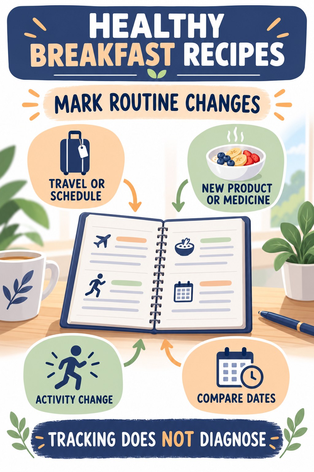 Notice Changes After a Routine Shift urinary symptom tracking infographic for Healthy Breakfast Recipes with four practical diary points and a non-diagnostic reminder.