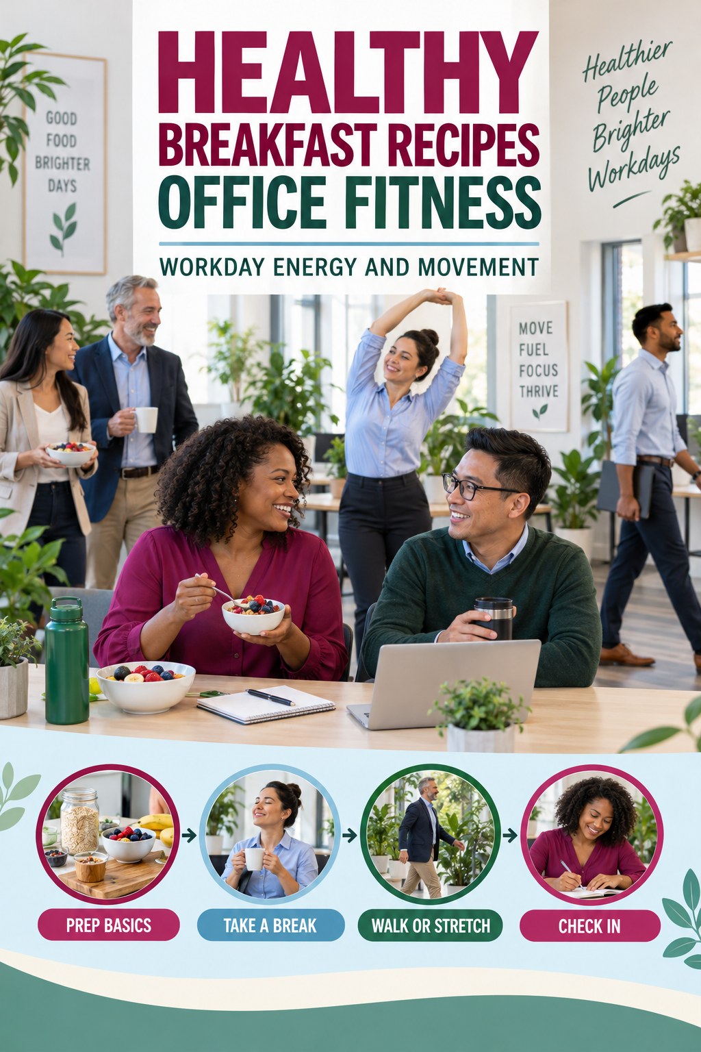 Healthy Breakfast Recipes office-fitness graphic titled Workday Energy and Movement with four practical workday movement prompts.
