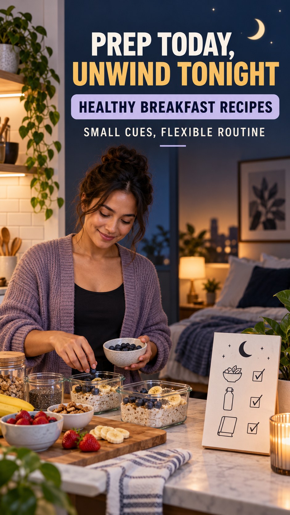 Meal Prep and Sleep Routine infographic for Healthy Breakfast Recipes, showing a flexible and calming evening wellness routine.