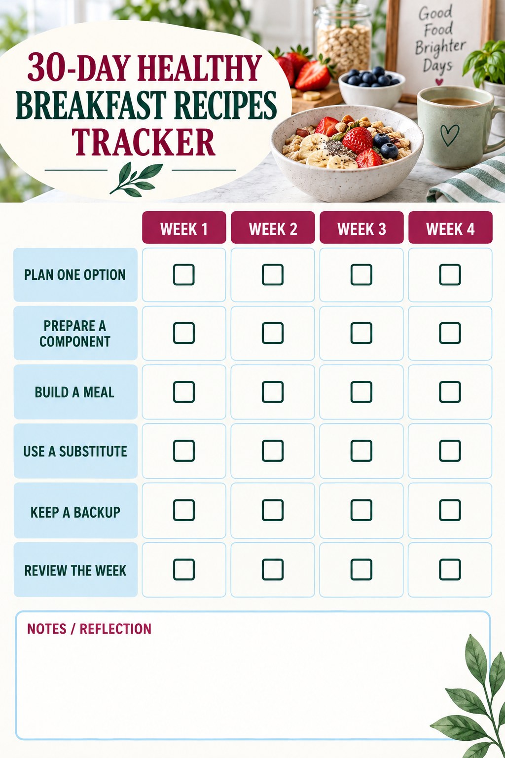 30-Day Healthy Breakfast Recipes printable-style tracker graphic with six labeled rows, empty checkboxes, and a reflection area.