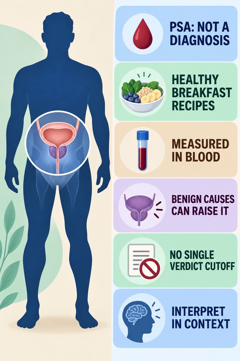 PSA Is a Test, Not a Cancer Verdict infographic for Healthy Breakfast Recipes with four concise prostate-health awareness points.