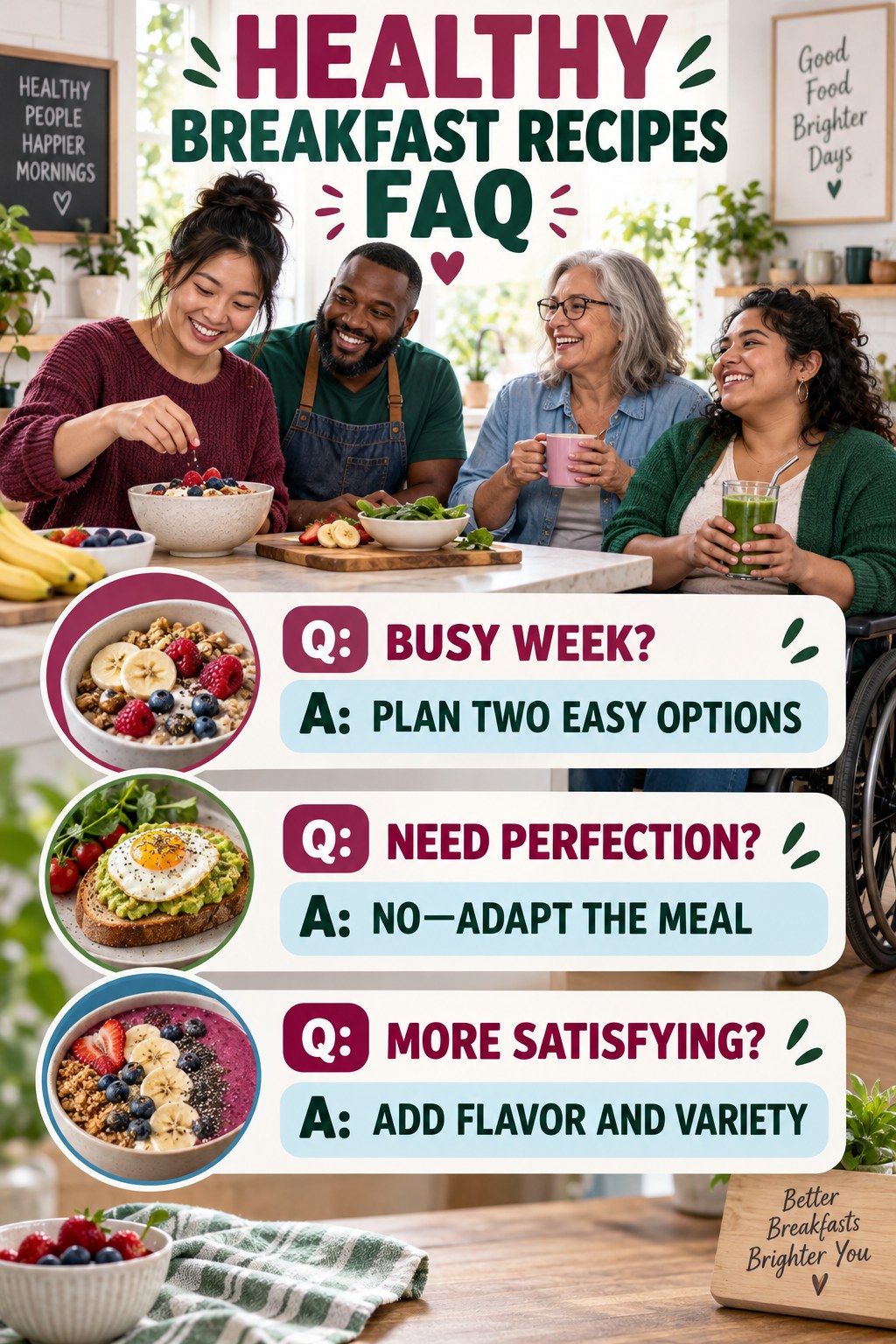 Healthy Breakfast Recipes FAQ graphic with three concise questions and practical answers for beginners.