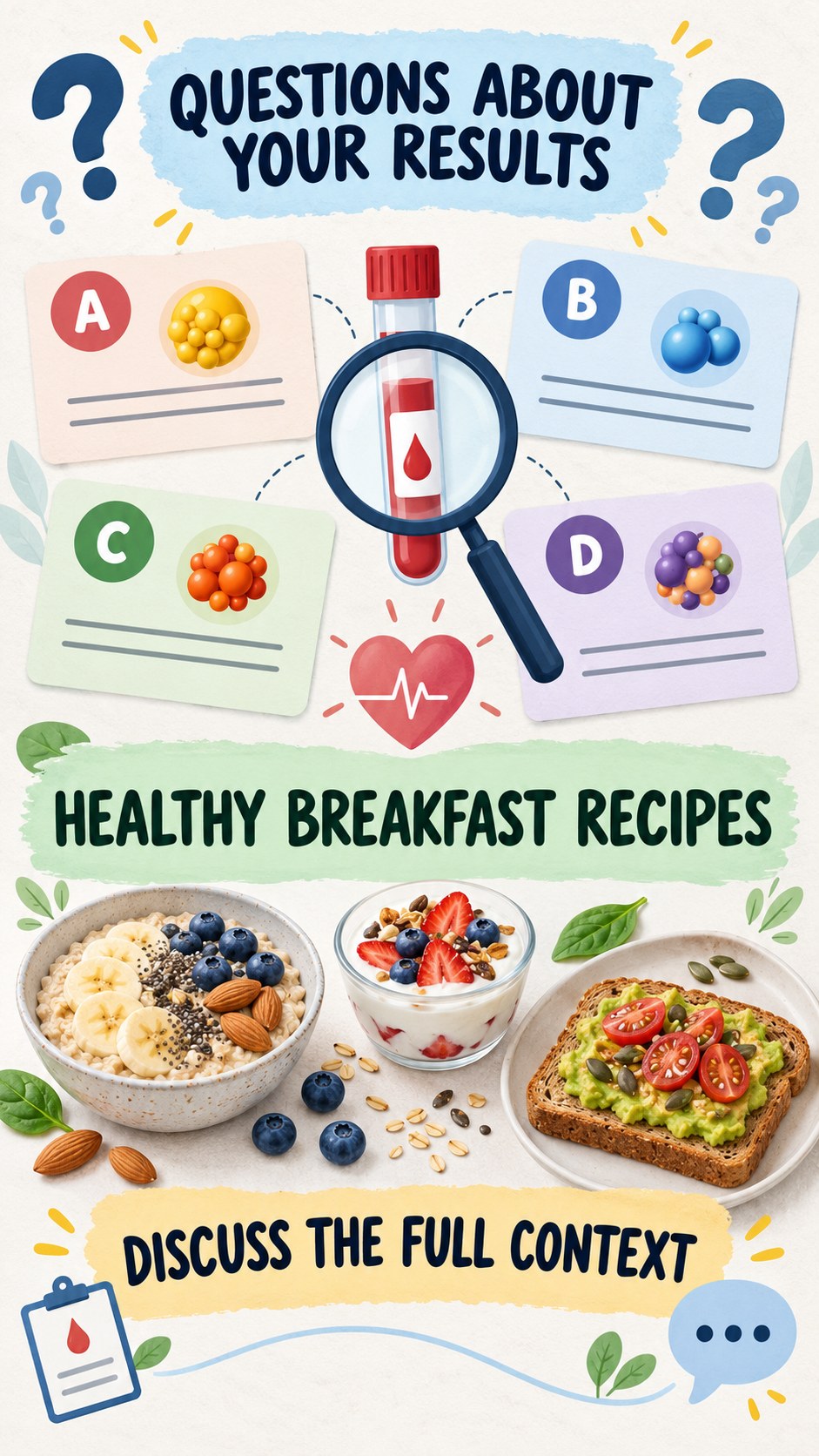 Questions for Your Clinician infographic for Healthy Breakfast Recipes, using a non-numerical educational lipid-panel layout with question and context icons.
