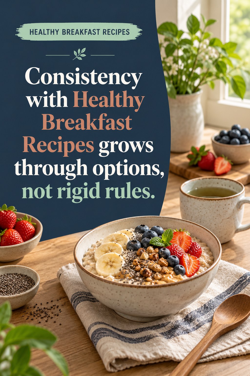 Original Healthy Breakfast Recipes quote graphic reading “Consistency with Healthy Breakfast Recipes grows through options, not rigid rules.” in a board-relevant editorial design.