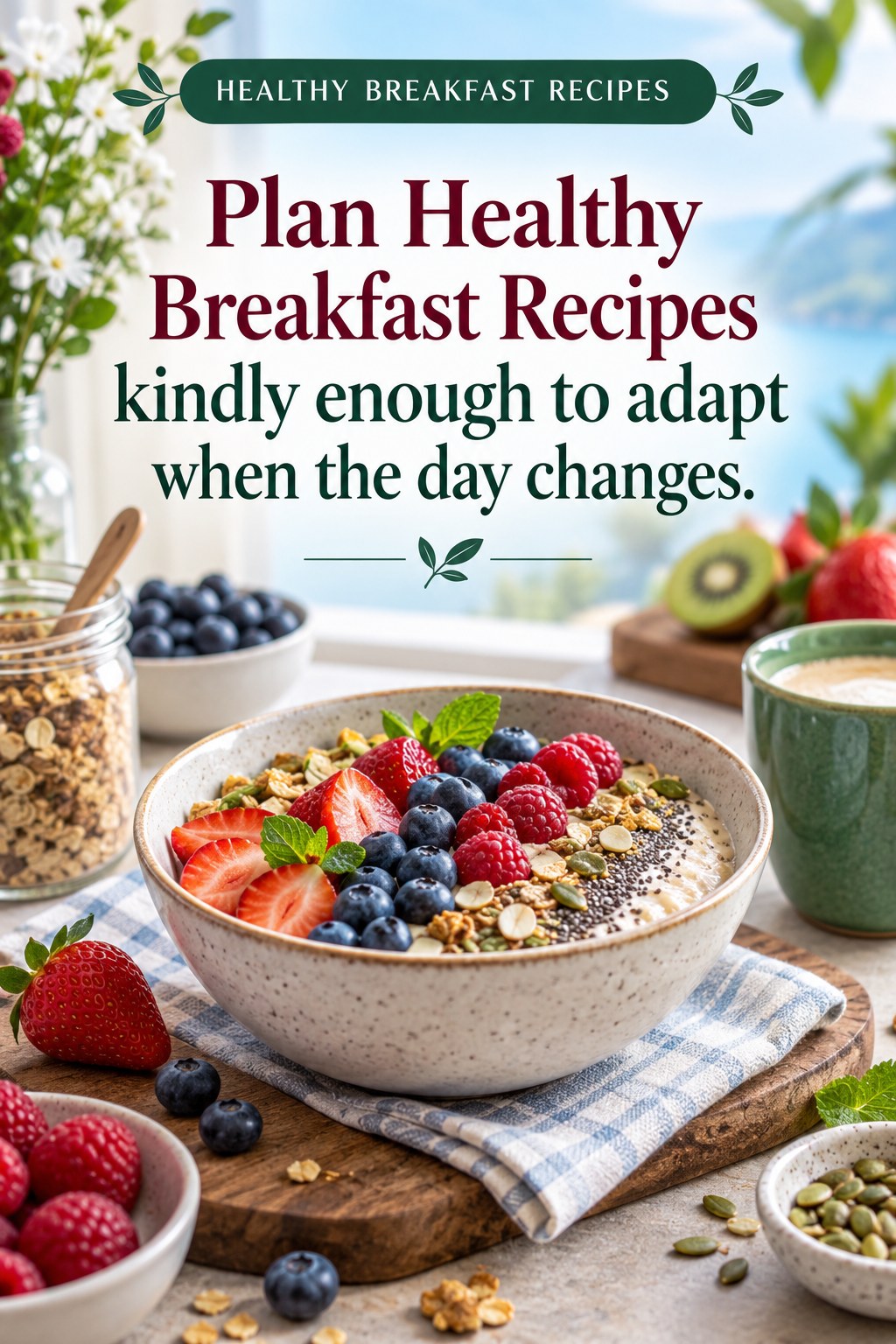 Original Healthy Breakfast Recipes quote graphic reading “Plan Healthy Breakfast Recipes kindly enough to adapt when the day changes.” in a board-relevant editorial design.