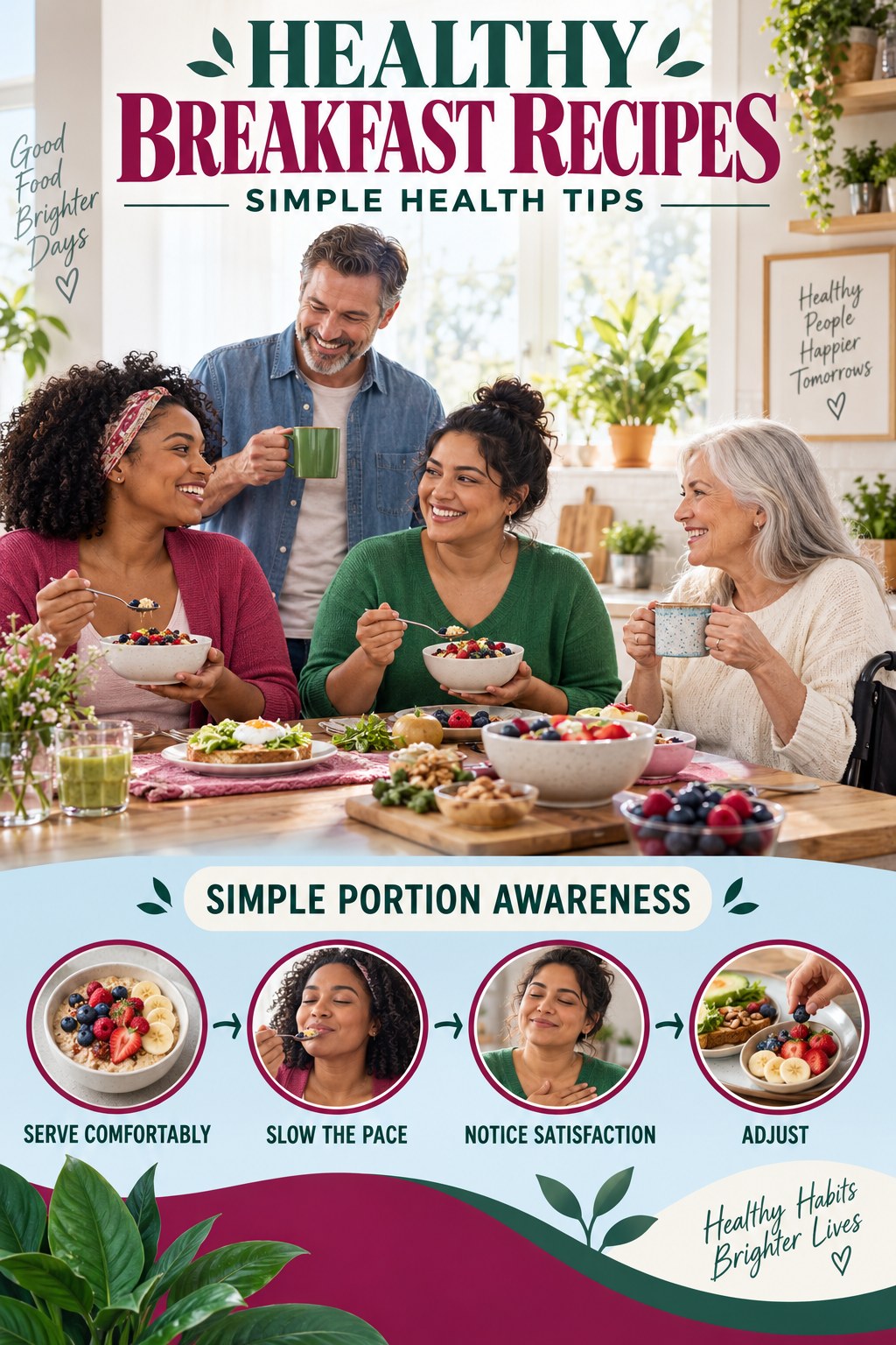 Healthy Breakfast Recipes simple-health graphic titled Simple Portion Awareness with four practical wellness prompts.