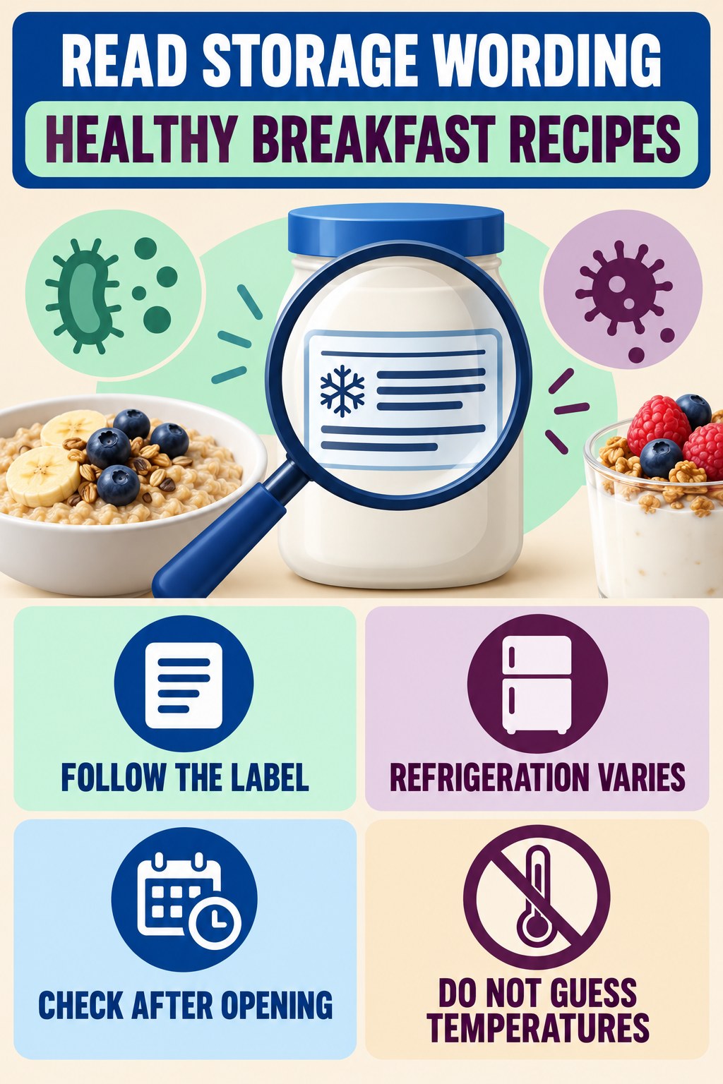 Storage Instructions Are Product Specific infographic for Healthy Breakfast Recipes with four concise probiotic-label reading points.