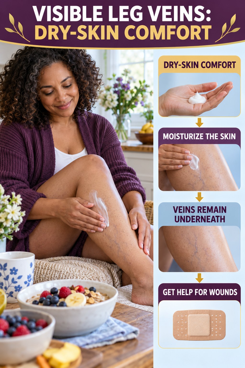 Dry-Skin Comfort infographic for Healthy Breakfast Recipes, showing body-neutral visible-leg-vein appearance care and the boundary between temporary cosmetic support and treatment.