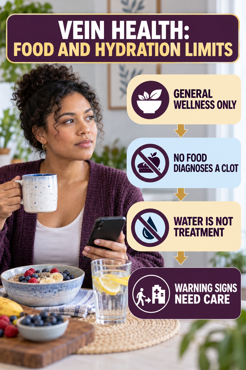 Food and Hydration Limits infographic for Healthy Breakfast Recipes, explaining vein-health warning signs and the appropriate next action without diagnosing a condition.