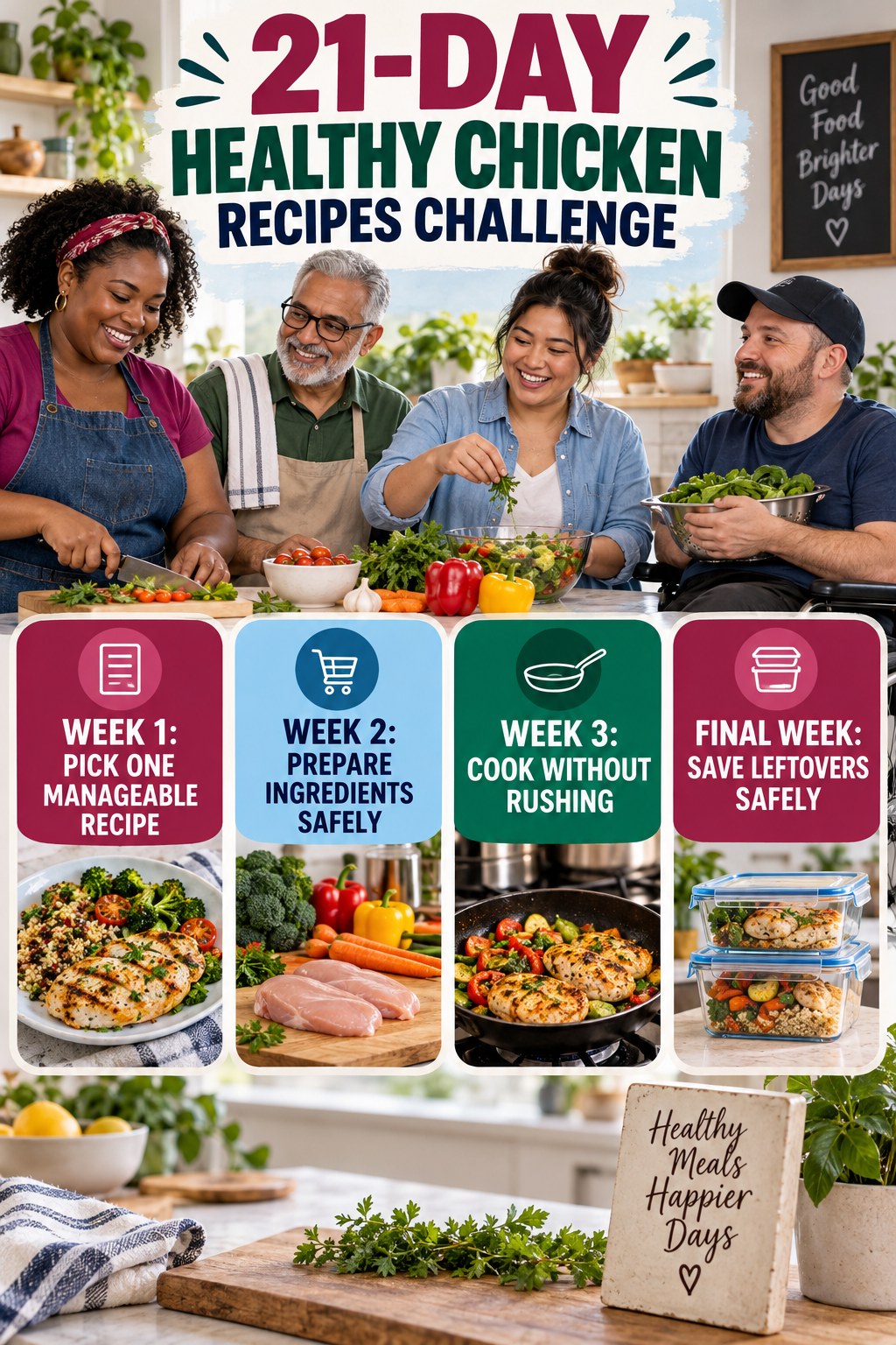 21-day Healthy Chicken Recipes challenge graphic showing four manageable milestones for consistent practice.