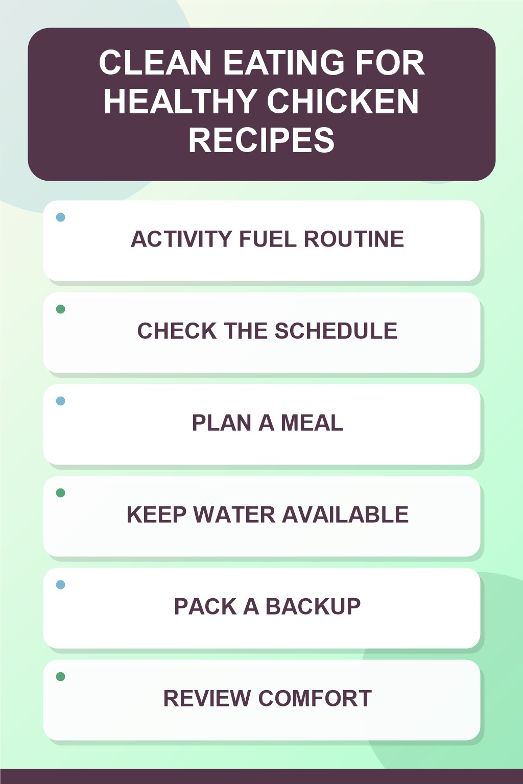 Activity Fuel Routine clean eating infographic for Healthy Chicken Recipes, showing five practical planning and preparation stages.