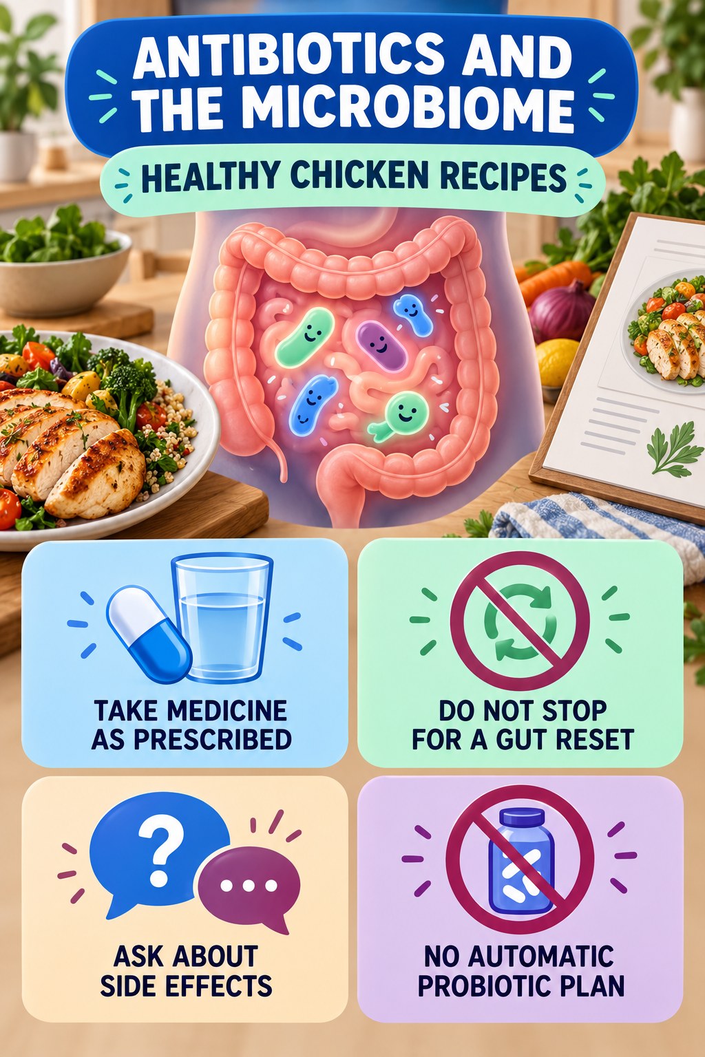 Antibiotics and Microbiome Questions educational infographic for Healthy Chicken Recipes with four evidence-aware points.