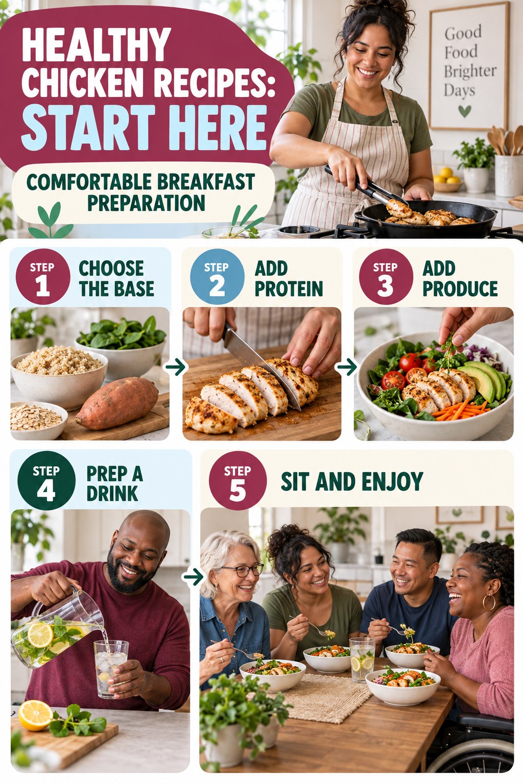Healthy Chicken Recipes beginner guide graphic showing five manageable stages for comfortable breakfast preparation.