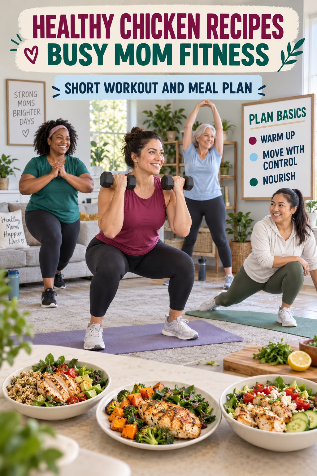 Healthy Chicken Recipes busy-mom fitness graphic titled Short Workout and Meal Plan with four practical movement prompts.