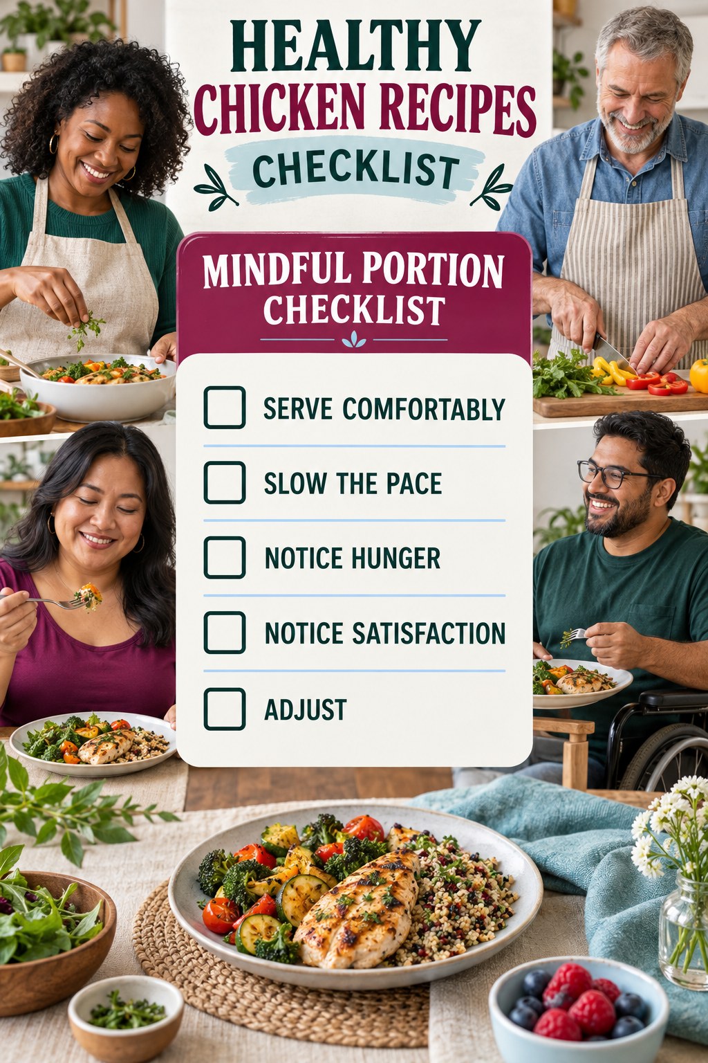 Healthy Chicken Recipes checklist graphic titled Mindful Portion Checklist with five clear practical wellness items.