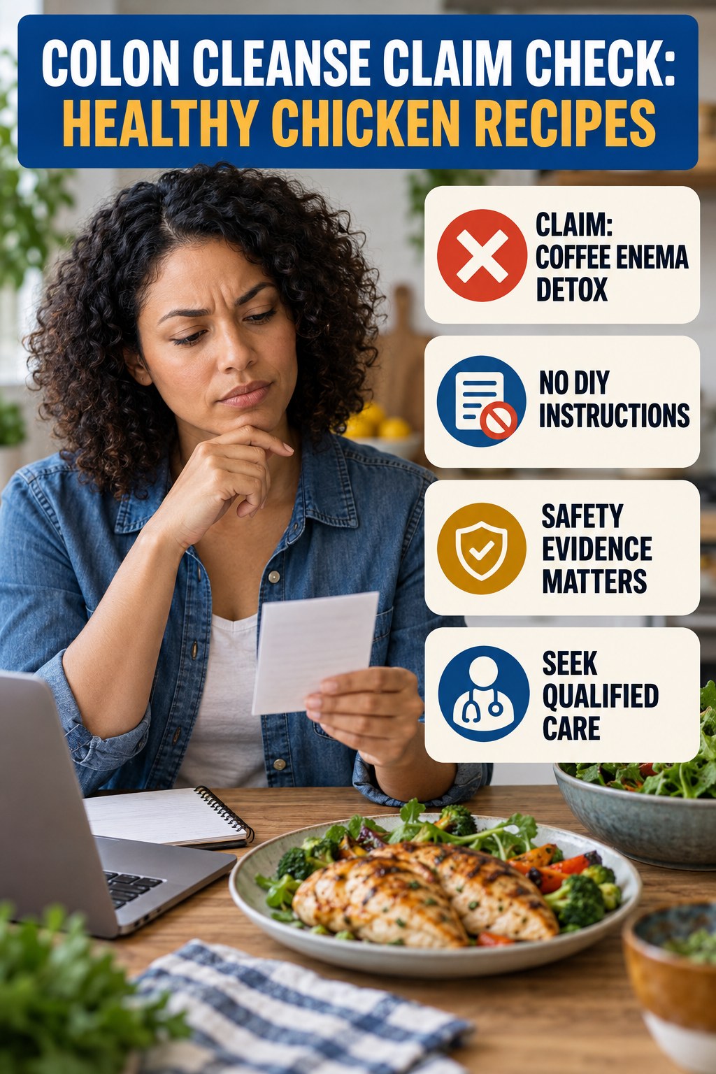 Coffee Enema Claims infographic for Healthy Chicken Recipes, separating a colon-cleanse marketing claim from evidence, reasonable conclusions, and safety context.