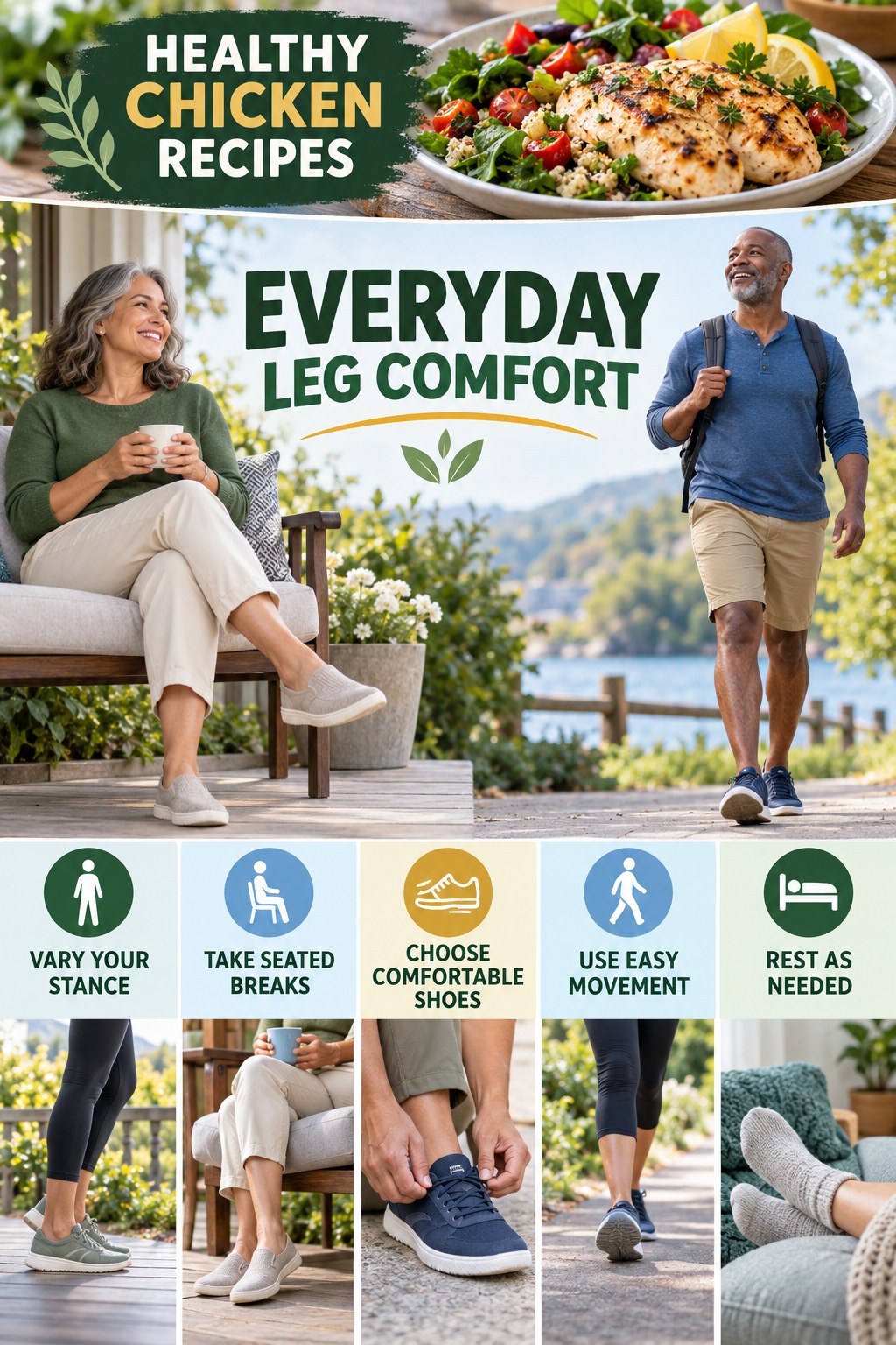 Comfort After a Day on Your Feet infographic for Healthy Chicken Recipes with five gentle movement, position, footwear, recovery, or safety actions.