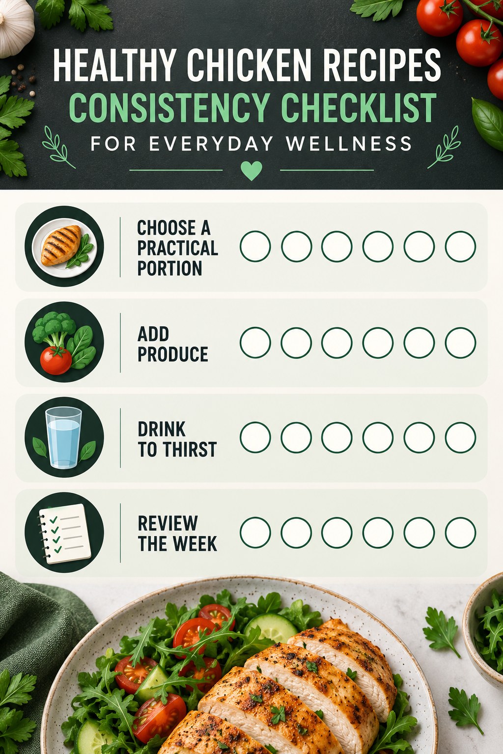 Healthy Chicken Recipes Consistency Checklist for Everyday Wellness infographic with checkboxes for choose a practical portion, add produce, drink to thirst, review the week.