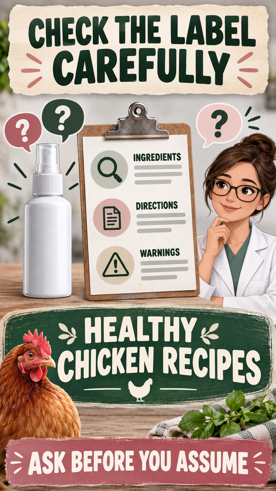 Consumer Questions Checklist infographic for Healthy Chicken Recipes, showing a generic spray-label checklist that separates available facts, missing details, and evidence questions.