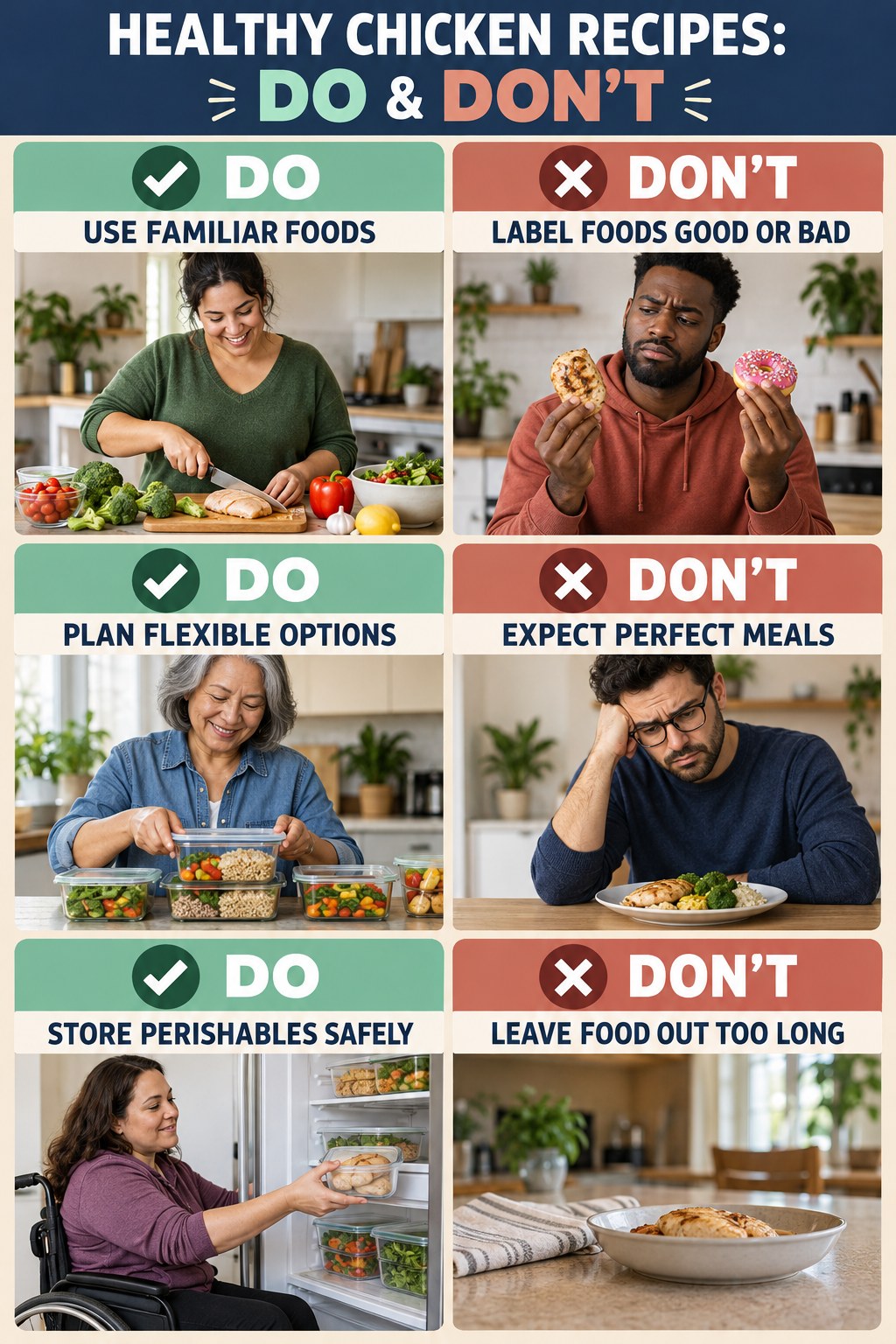 Healthy Chicken Recipes Do and Don’t comparison graphic showing three practical behavior pairs for everyday meal habits.