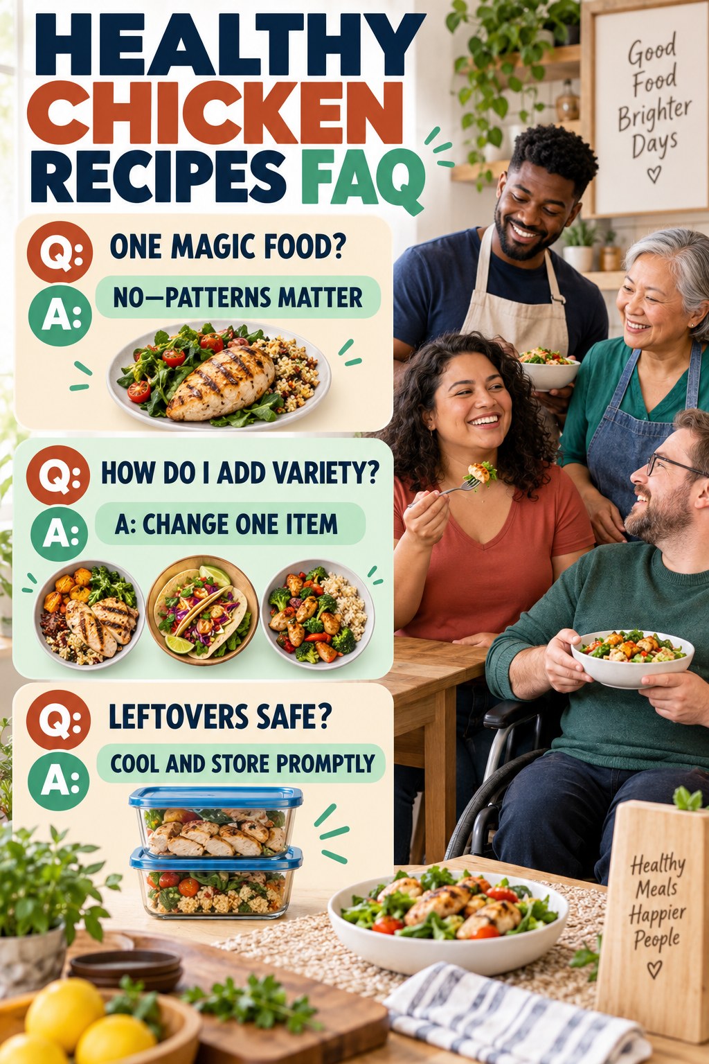 Healthy Chicken Recipes FAQ graphic with three concise questions and practical answers for beginners.